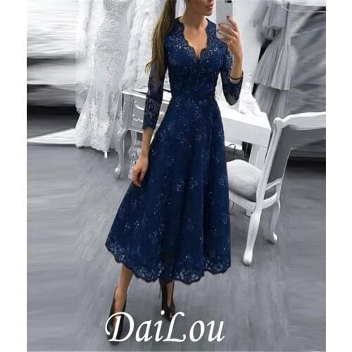 A-Line 3/4 Length Sleeves Scalloped-Edge Appliques Tea-Length Evening Dress 2021