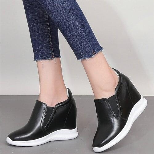 Low Top Fashion Sneakers Women Slip On Genuine Leather Wedges High Heel Ankle Boots Female Round Toe Pumps Shoes Casual Shoes