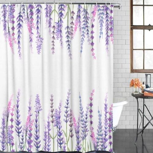 Plant Purple Lavender Watercolor Painting Shower Curtain Polyester Fabric Waterproof Shower Curtains Modern Bathroom Curtain
