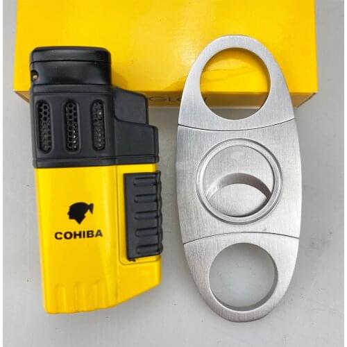COHIBA 4 Jet Torch Cigar Lighter Cigar Cutter Windproof Flame Butane Torch Refillable Lighters Cigar Accessories Kit