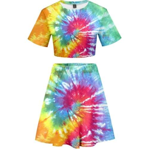 3D Tie Dye Flashbacks Sexy Lady Beach 2 Piece Sets Colorful Psychedelic Sexy Party Dress Sets Crop Top Harajuku Short Skirt girl