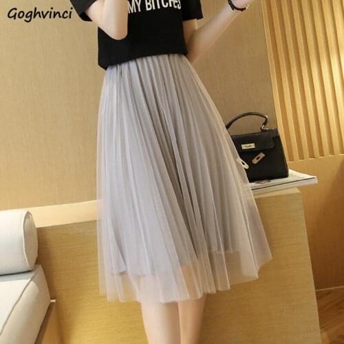 Women Mesh Skirts Summer Pleated Fairy A-line Elastic Waist Students Sweet Slim White Skirt Knee-length Elegant Leisure Outwear