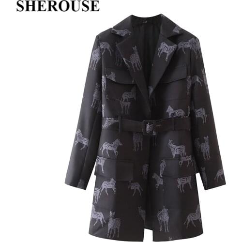 SHEROUSE Women Fashion With Belt Pockets Zebra Printed Blazer Long Sleeve Notched Neck Vintage Female Coats Chic Tops