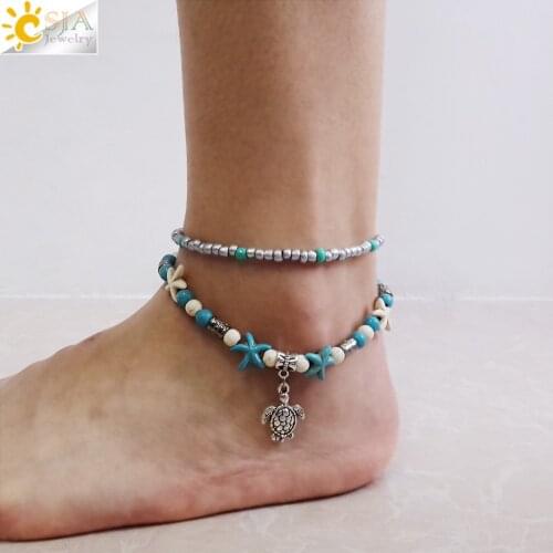 CSJA Bohemian Double Layers Anklets for Women Starfish Turtle Beads Ankle Chain Vintage Ankles Bracelet Beach Jewelry Gifts F675