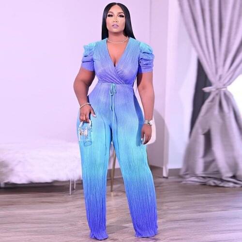 Gradient Blue Elegance Full Length Jumpsuit for Women Short Puff Sleeve High Waist Party Romper Office Lady Wide Leg Overalls