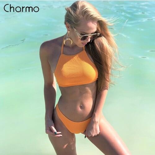 Charmo Women Bikini Set Collar Halter Swimwear Solid Color Swimsuit Backless Bathing Suit Beachwear Sexy Bikini cute slim vest