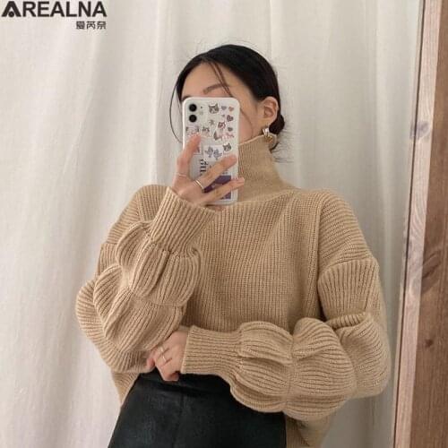 2021 fall Winter Loose Turtleneck Pullover Basic Warm Sweater for Women Korean fashion Puff lantern sleeve Kniited Sweater Tops