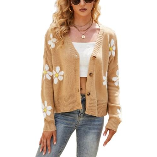 Women Fashion Loose Knit Sweaters Adults Button-down Flower Pattern Long Sleeve V-neck Cardigans Autumn Winter Clothing