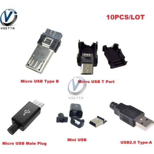 10pcs/ Sets DIY Micro USB Welding Type Male 4 Pin 5 Pin T Port Male Plug Socket Plug Connector USB2.0 Type-A w/Plastic Cover
