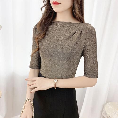 Womens Spring Autumn Style Blouse Shirt Womens Slim Slash Neck Half Sleeve Solid Color Elegant Casual Tops SP1194