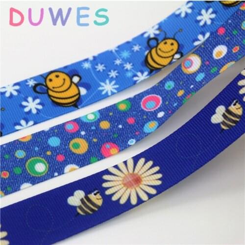 DUWES 50yards jean bee polka dots printed grosgrain Ribbon Accessory hairbow headwear decoration Wholesale OEM DIY D847
