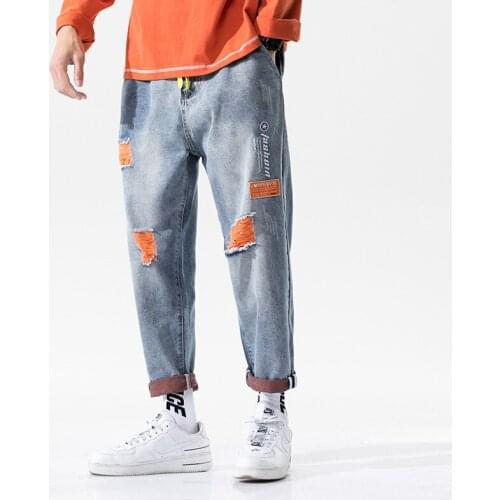 Trendy Handsome Streetwear Mens Jeans Personality Hole Embroidery Contrast Color Hip Hop Popular Straight Male Denim Pants