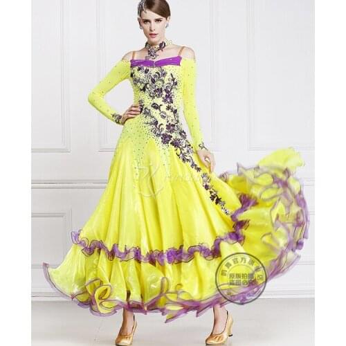 Elegant customize yellow long sleeve rhinestone Fox trot Waltz tango salsa competition ballroom dance dress for lady girl