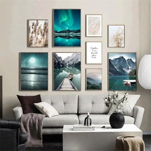 Mountain Lake Boat Landscape Canvas Print Aurora Beach Wave Wall Art Poster Reed Grass Painting Nordic Wall Pictures Home Decor