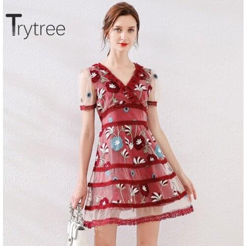 Trytree 2020 Summer Woman Casual Dress V-neck Patchwork Embroidery Lace A-line High Waist Fashion Elegant Temperament Dress