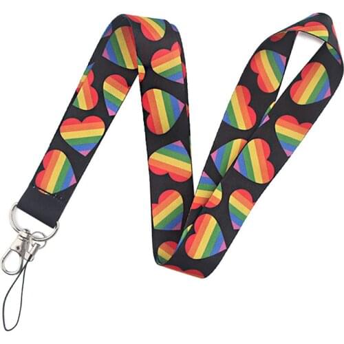 Fashion Lesbian Gay Pride LGBT Lanyards Keychain Rainbow Heart Printed Webbing Straps Key Chain Mobile Phone Hang Rope Keyholder