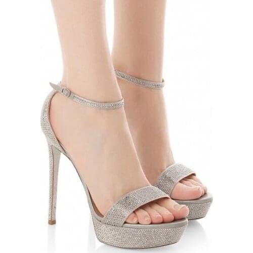 Moraima Snc Crystal Embellished High Heel Shoes Sexy Open Toe Platform Sandals Woman Ankle Strap Rhinestones Party Wedding Shoes