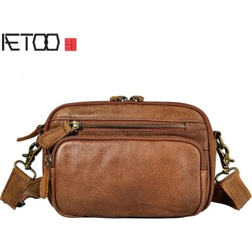 AETOO The first layer of oil wax leather leather foreign trade men tide cool phone camera 7 inch chest bag pockets