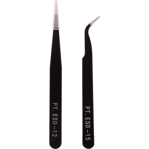 2Pcs/Set Anti-static Tweezers Curved Stainless Tip Forceps Precision Soldering Set Electronic Tweezers Tool Repair Forceps