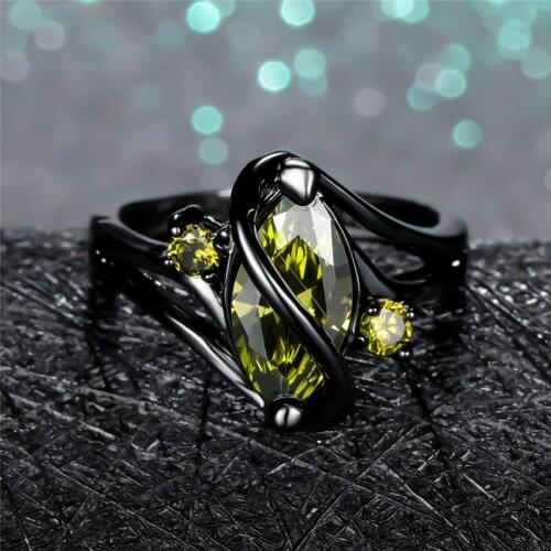 Charm Female Olive Green Crystal Ring Vintage 14KT Black Gold Engagement Rings For Women Luxury Hollow Leaf Wedding Band Ring