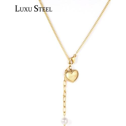 LUXUSTEEL Heart Shape Imitation Pearl Pendant Necklace Women Trendy Stainless Steel Chain Necklace Collars Wedding Party Gift
