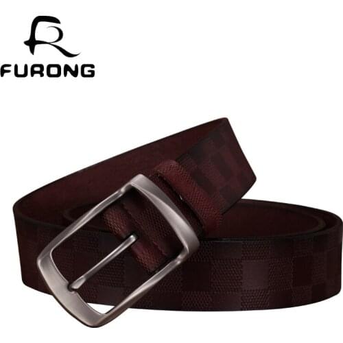 FURONG Luxury Cowhide Belt For Men New Designer Belts Black Plaid Emboss Genuine Leather Fashion Pin Buckle Strap Belts FR046