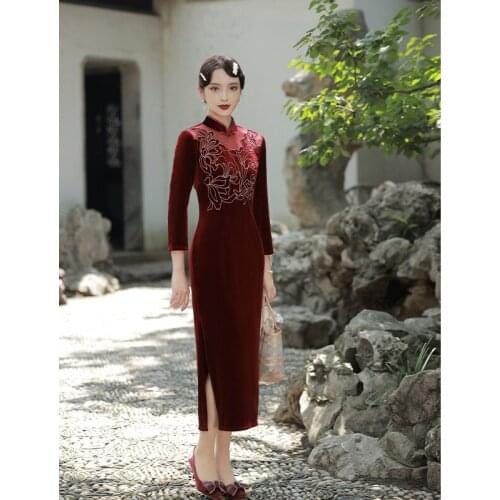 H.RONG.X 2021AW Retro Traditional Cheongsam Old Shanghai Chinese Woman Slender Chipao Elegant Vintage Velvet Red Split Qipao