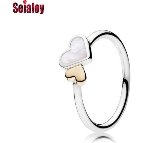Seialoy Shiny Golden Love Heart Rings For Women Original Wedding Engagement Rings Fine Bright Heart Stackable Rings Girl Jewelry