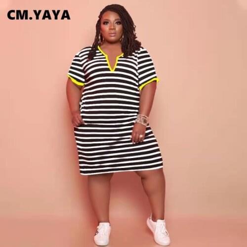 CM.YAYA Plus Size XL-5XL Striped Midi Dress Streetwear Basic Short Sleeve Plunging V-neck Casual Summer Dresses