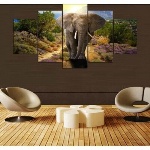 Modern Canvas Art 5 Panels Animal Elephant Sunset Mountain Flower Grass Painting Print On Canvas Abstract Framework poster home