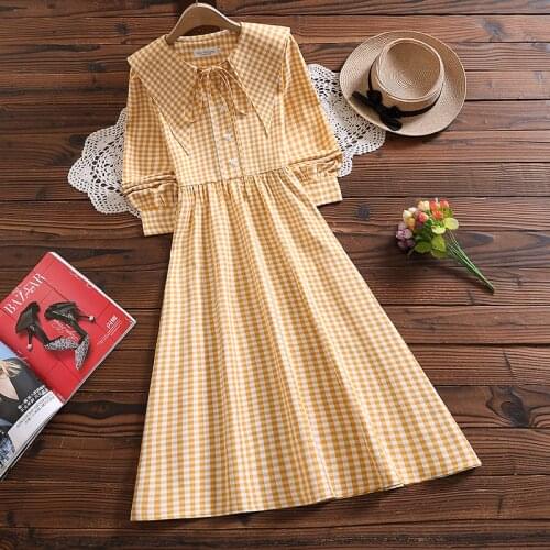 Spring new fashion cute sweet plaid dress japan style long sleeve mori girl casual vestidos