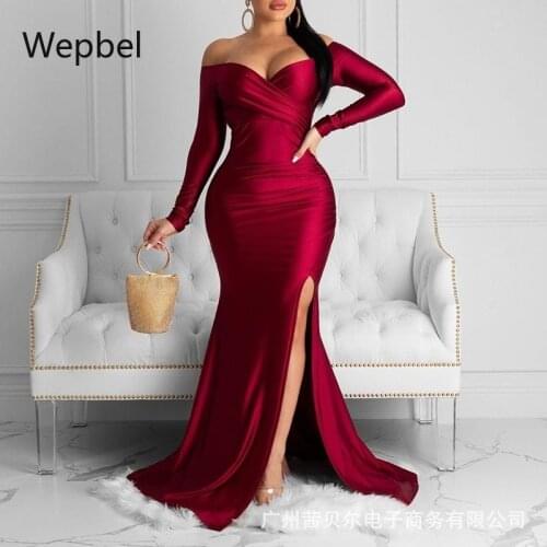 WEPBEL Burgundy Slash Collar Dresses Women Sexy Party Split Dress Long Sleeve High Waist Bodycon Solid Color Fashion Dress