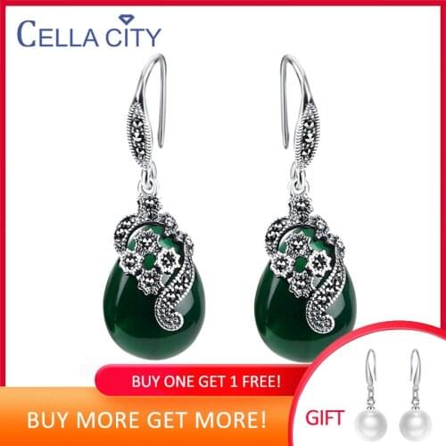 Cellacity Vintage Silver 925 Jewelry Water Drop Shaped Gemstones Earrings for Women Emerald Ruby Ear drops Temperament Party