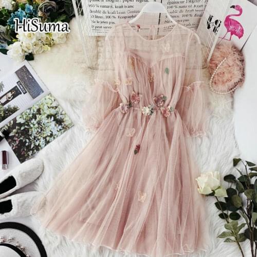 2021 spring summer new women O-neck lantern sleeve gauze puff dress female flower appliques elegant mesh princess dresses