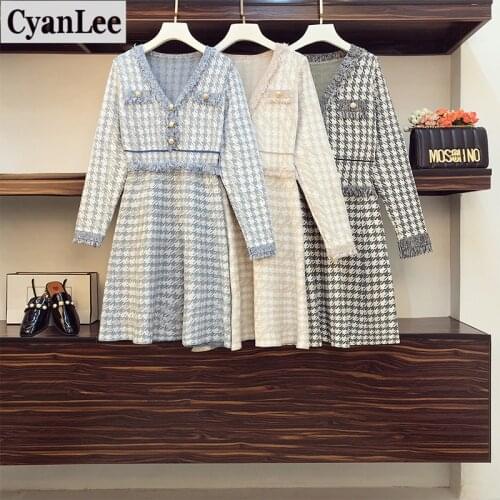 Cyanlee Plus Size Women Elegant Knitted Dress Autumn 2020 Fashion Tweed Patchwork V-neck Long Sleeve High Waist A-Line Dresses