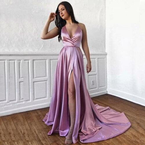 Pink Simple Evening Dress Halter Crisscross Bust High Slit V neck Evening Gown Long Prom Pockets Robe De Soire