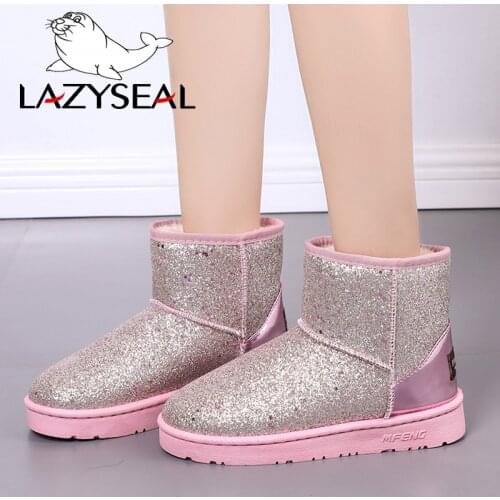 LazySeal Sequin Cloth Winter Snow Boots Women Warm Plush Women Flat-soled Shoes Round Toe Slip-on Bling Cotton Shoes
