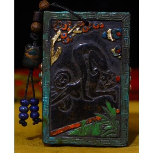 3"Tibet temple Old Natural meteorite mosaic Gem Dzi Happy Amulet Erotica amulet Pendant Town House Exorcism