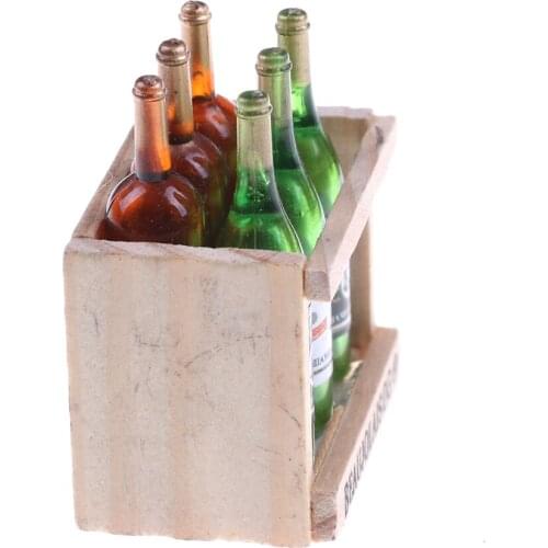 6Pcs/set 1/12 Dollhouse wine bottle With Wooden Box Kitchen Drink Toy Doll house Miniature Gift Wholesale