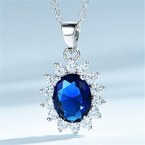 925 Sterling Silver Necklace Big Center Oval Gemstone Created Blue Sapphire Unique Luxury With 18" O Chain Necklace Fine Jewelry