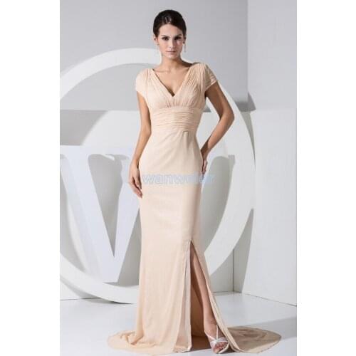 Free shipping hot sale new design cap sleeve v-neck long custom evening gown chiffon small train women mother of the bride dress