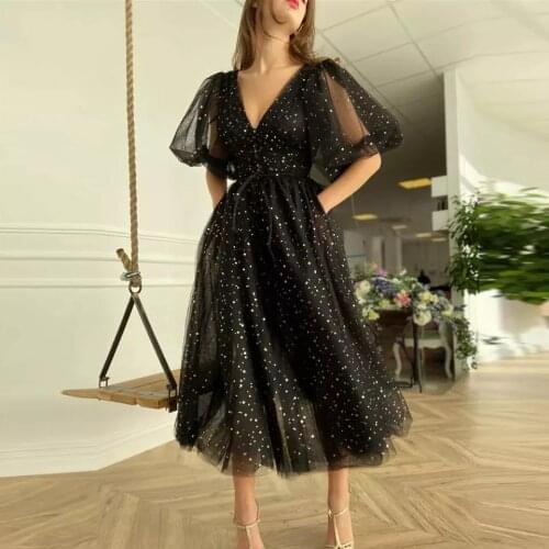 Glitter Black Tulle Short Prom Dresses With Puff Sleeves Golden Stars V Neck Tea Length Formal Party Gowns With Pockets