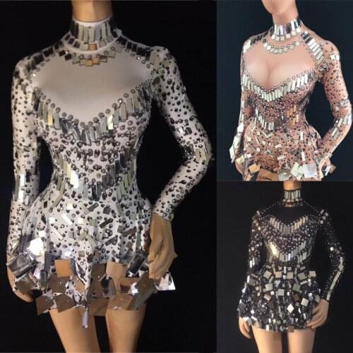 Shining Silver Mirrors Stone Dress Female Singer Dancer Bright Bodysuit Women One-Piece Nightclub Party Dress Outfits XS1928