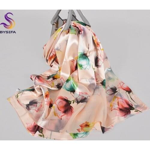 [BYSIFA] Beige Pink Silk Scarf Shawl Printed 2020 New Design Red Green Roses Satin Female Hijabs Wraps Head Scarves 160*70cm