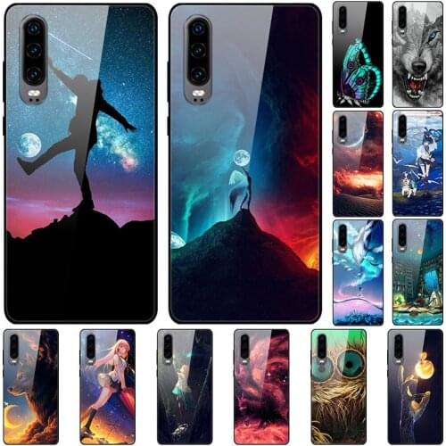 Case For Huawei P30 Back Phone Cover Black Silicone Bumper With Tempered Glass