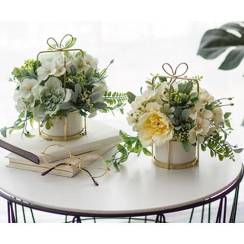 Nordic emulation flower set ceramic golden vase rose emulation plant potted home decoration false flowerpot