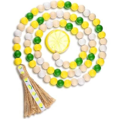 Kili Lemon Wood Bead Garland with Tassel Buffalo Plaid Beaded Hanging Country Farmhouse Style Summer Spring Decorations