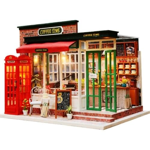 DIY Wooden Coffee Shop Dollhouse Miniature Furniture with Accessories Flower Store Doll House Casa Roombox Toys for Adults Gifts