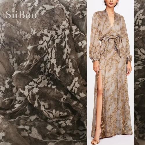 Elegant floral embroidery cotton silk fabric apparel for summer dress khaki blue natural silk tissu tecidos stoffens tela SP5337