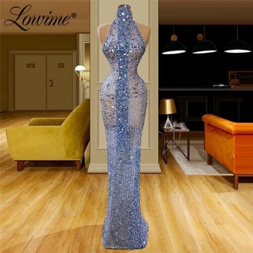 Illusion Evening Dress Formal Gown High Neck Dubai African Prom Dresses Beading Crystals Party Dress Vestidos De Festa 2020